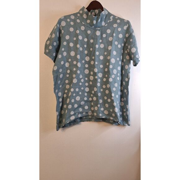 MADE IN ITALY 100% LINEN POLKADOT MOCK NECK SUMMER CASUAL RESORT TOP WOMEN MED. - Picture 1 of 5